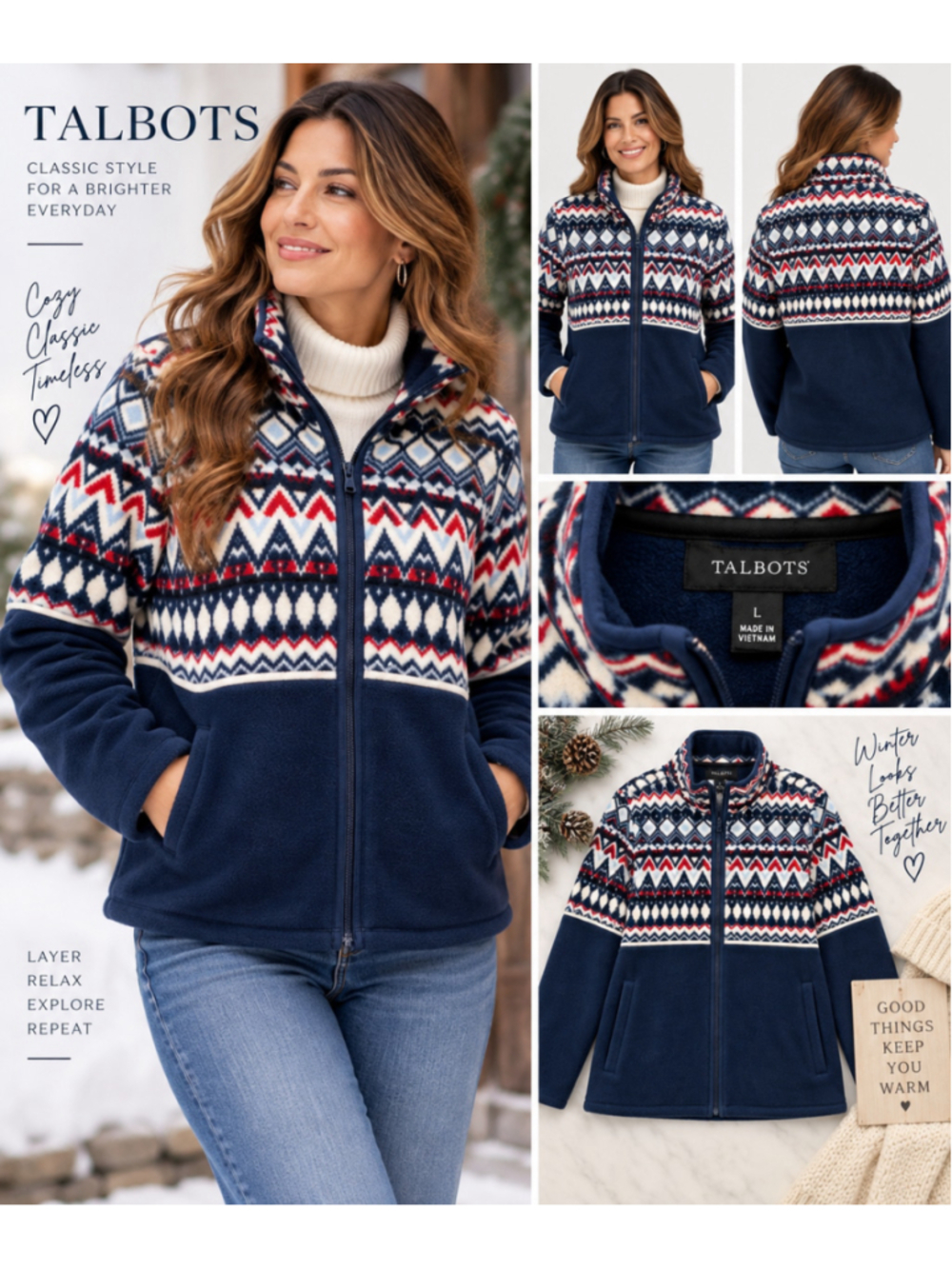 Talbots L Fair Isle Nordic Fleece Full Zip Jacket Navy Red Winter